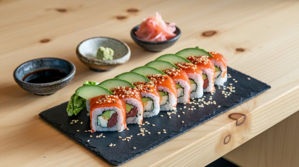 Freshly made California rolls garnished with sesame seeds and served with soy sauce, wasabi, and pickled ginger on a black slate plate.