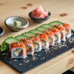 Freshly made California rolls garnished with sesame seeds and served with soy sauce, wasabi, and pickled ginger on a black slate plate.