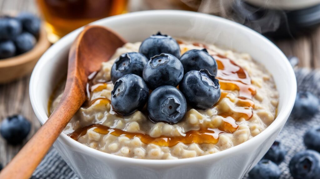 Gluten-free oatmeal with fresh blueberries and maple syrup in a white bowl on a rustic table.