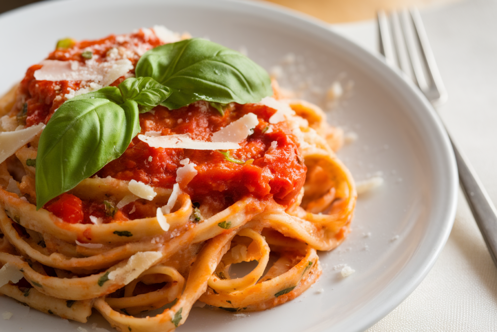 Gluten-free pasta with fresh tomato sauce and basil on a white plate