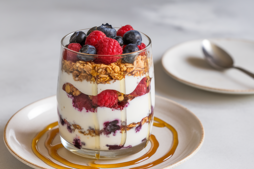 Layered Greek yogurt parfait with granola, mixed berries, and honey served in a glass
