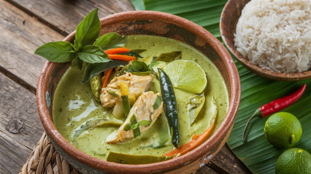 Green curry served in a traditional bowl, garnished with fresh basil and lime, alongside jasmine rice on a wooden table.