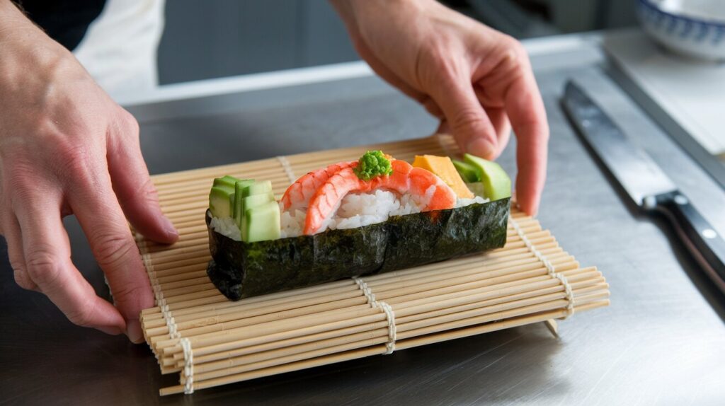 Hands rolling California rolls with a bamboo mat, showcasing crab, avocado, cucumber, and nori in the process of preparation.