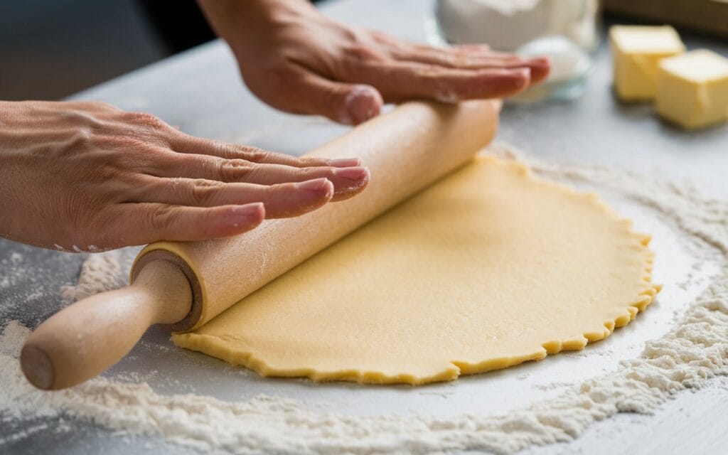 Hands rolling out quiche crust dough on a floured surface with a wooden rolling pin.