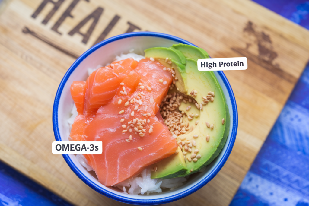 Nutrient-dense salmon poke bowl with omega-3 benefits.