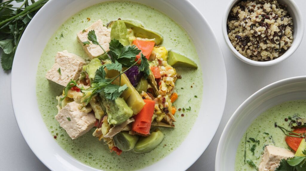 Healthy green curry served with tofu and colorful vegetables, paired with quinoa and garnished with fresh basil, on a white plate.