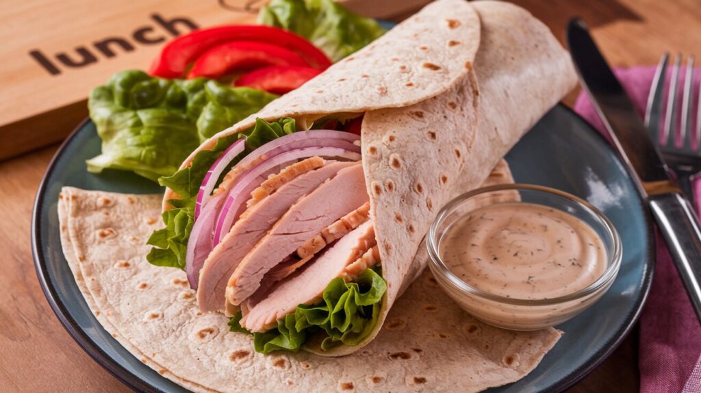 Healthy turkey wraps for lunch with fresh vegetables and a dipping sauce.