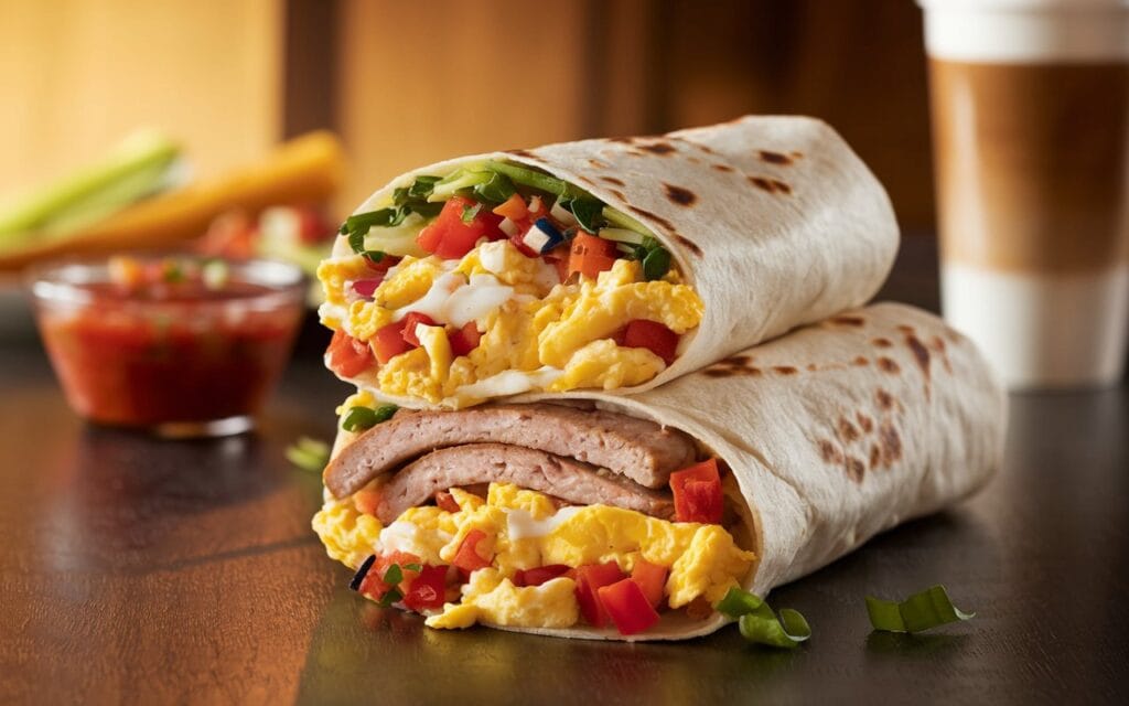 High protein breakfast burrito with eggs, sausage, cheese, and vegetables on a rustic wooden table.