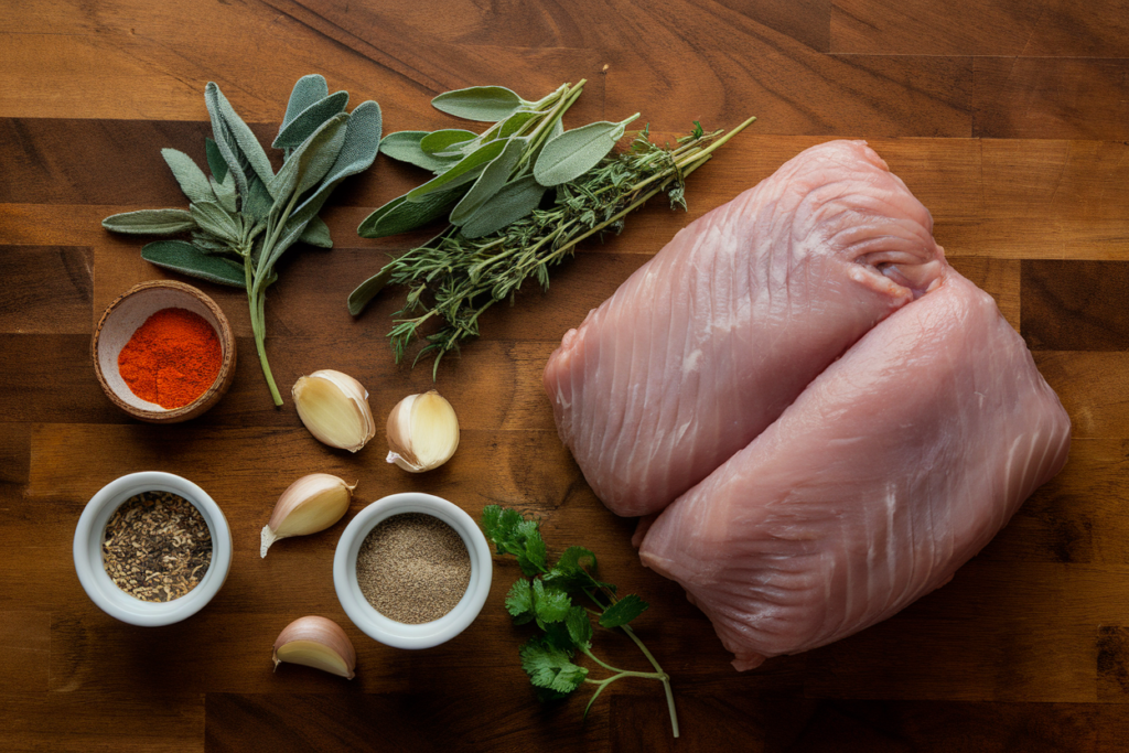 Ingredients for homemade chicken breakfast sausage, including ground chicken, herbs, and spices