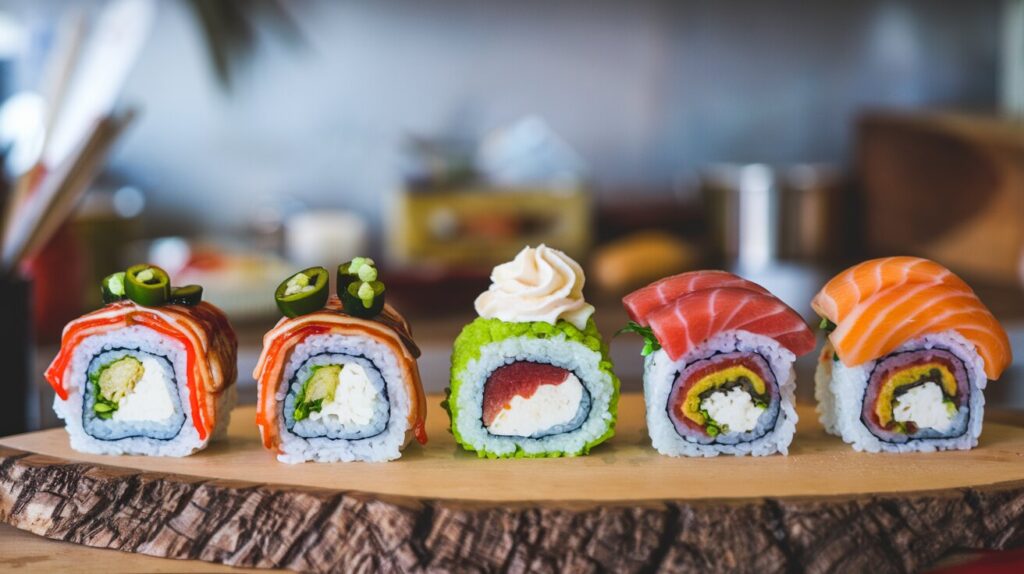 International variations of California rolls, including Mexican-inspired rolls, Canadian rolls with cream cheese, and rainbow rolls topped with sashimi.