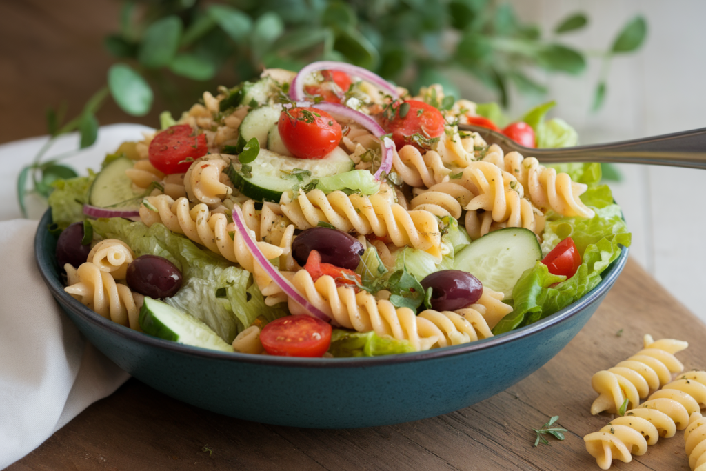 A vibrant bowl of Italian pasta salad with fresh lettuce and colorful vegetables.