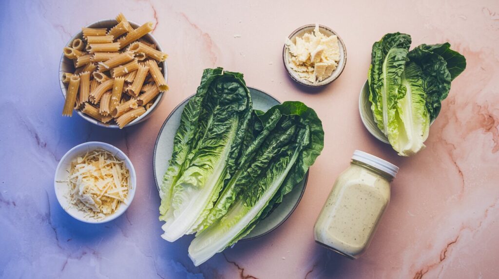 Key ingredients for Caesar Pasta Salad: pasta, lettuce, Parmesan, and dressing.
