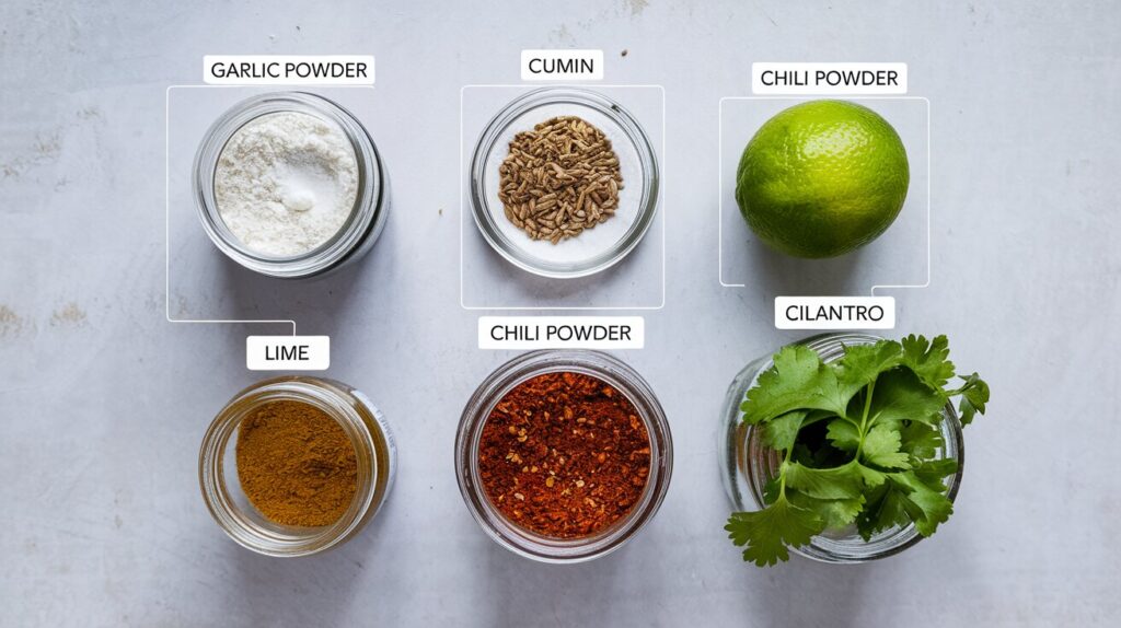 Labeled jars of guacamole seasoning ingredients on a clean white background with annotations.