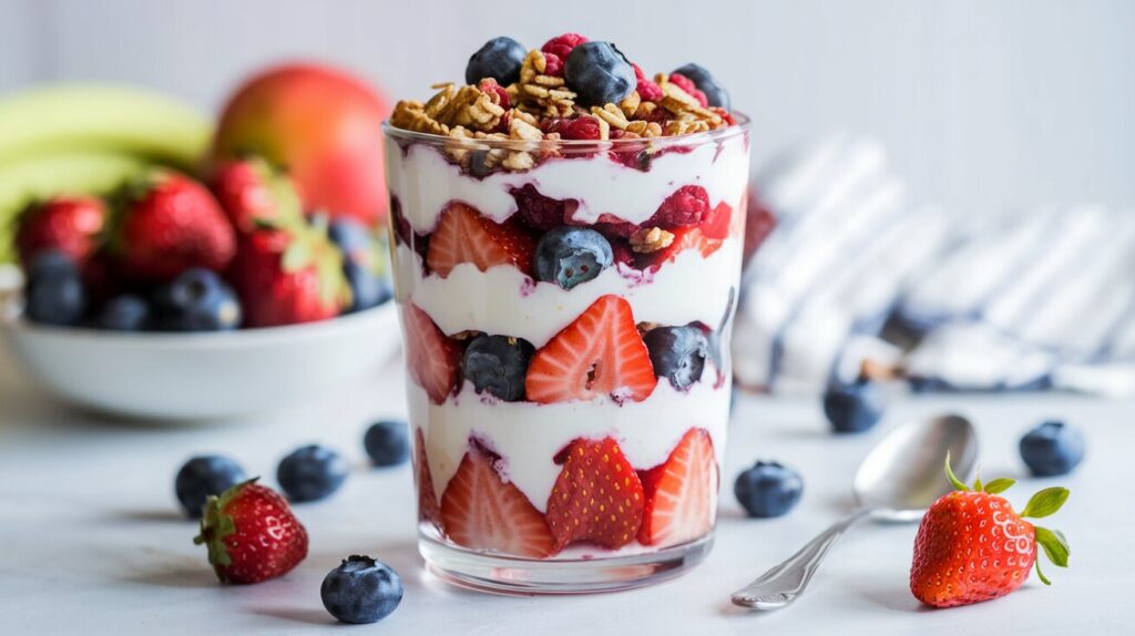 Low FODMAP berry parfait with layers of lactose-free yogurt, strawberries, and blueberries.