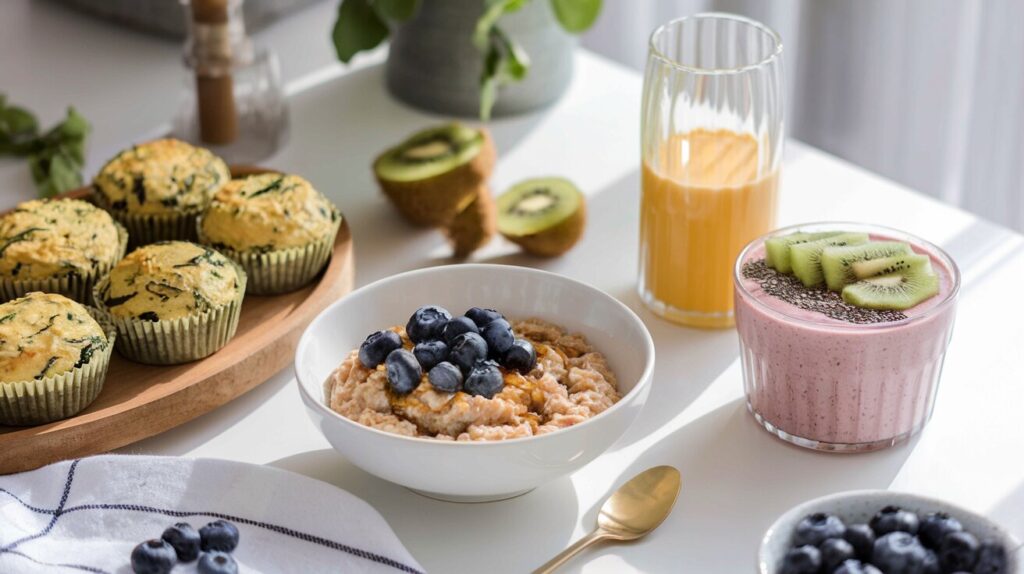 Low-FODMAP-breakfast-spread-with-oatmeal-egg-muffins-and-a-smoothie-bowl-on-a-breakfast-table