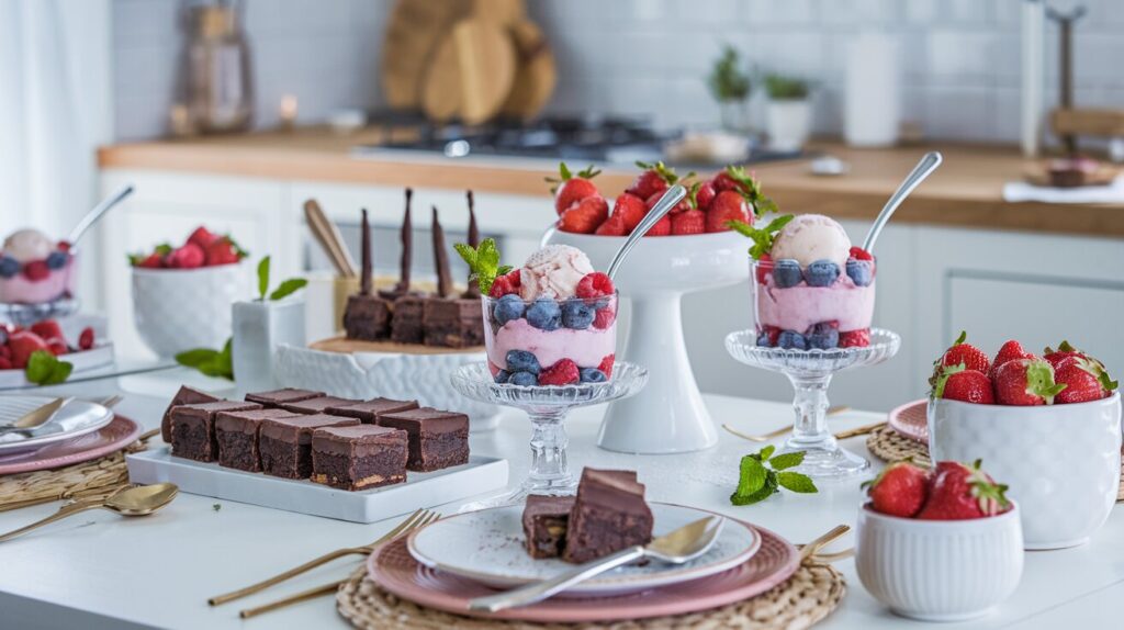 Low FODMAP desserts including brownies, berry parfaits, and lactose-free ice cream beautifully presented on a table.