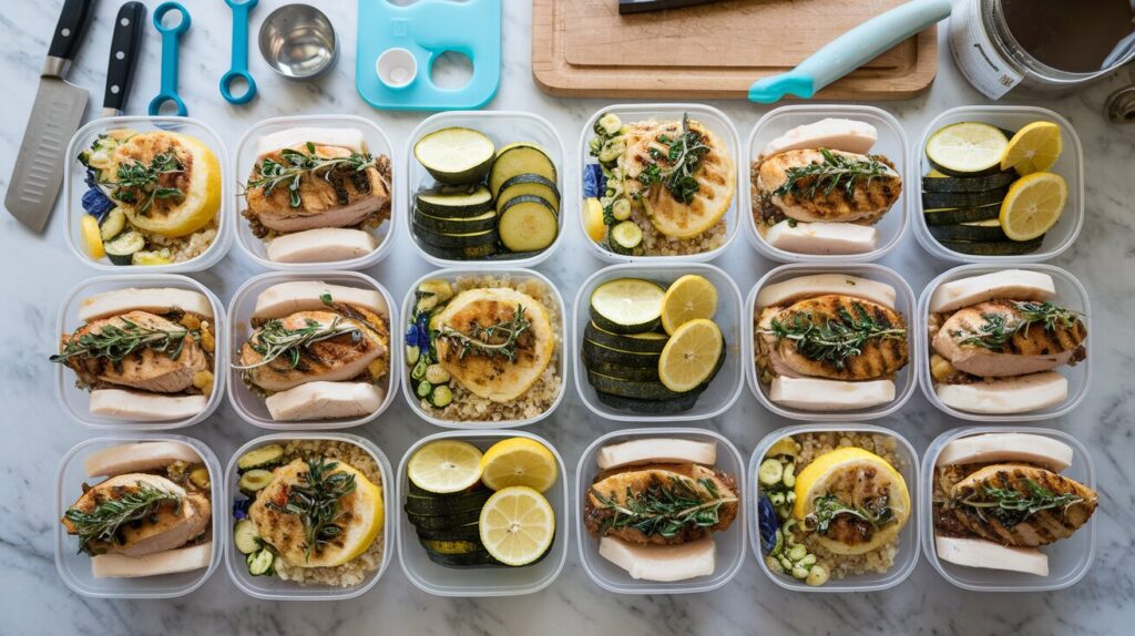 Low-FODMAP meal prep containers with grilled chicken, quinoa, and zucchini for a week of gut-friendly eating