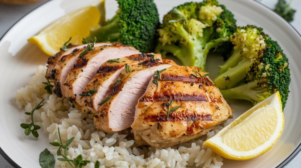 Low FODMAP meal with grilled chicken, steamed broccoli florets, and rice