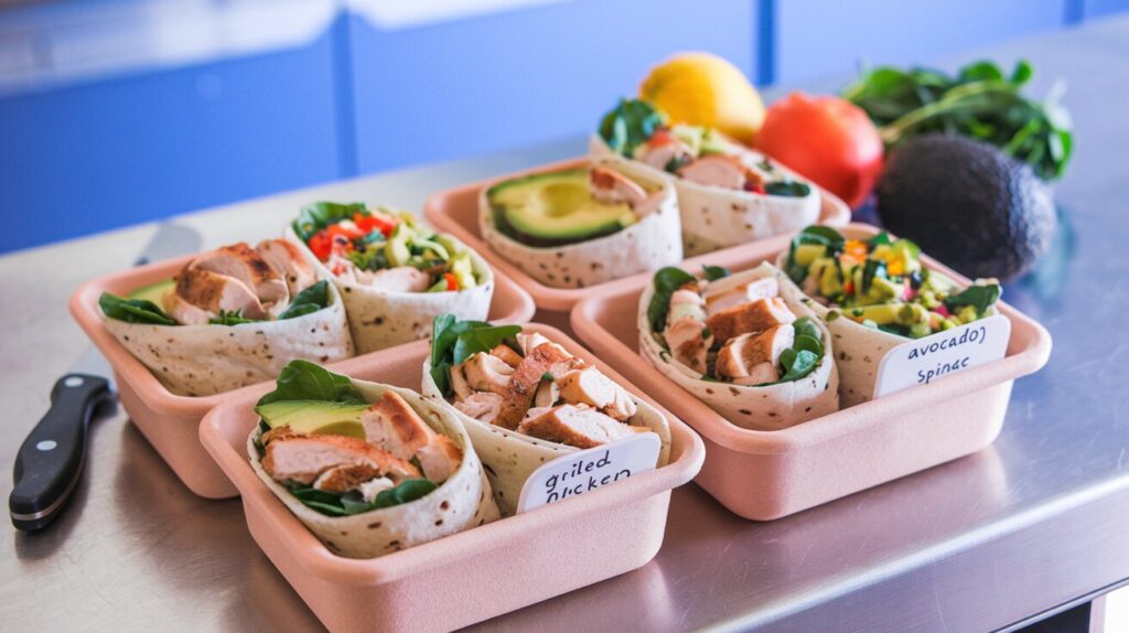 Meal-prepped healthy wraps in containers with fresh ingredients.