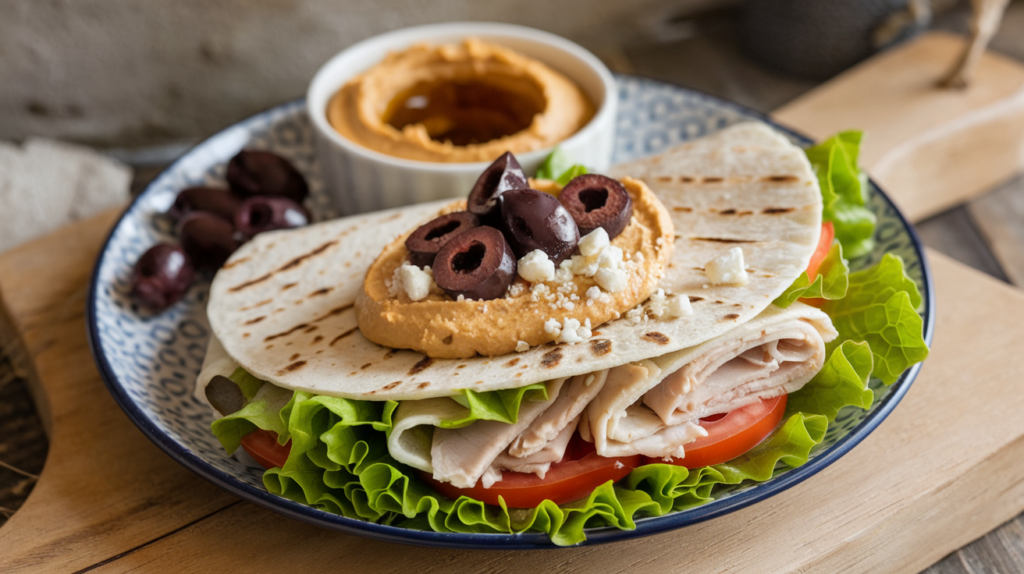 Mediterranean turkey wraps with hummus, olives, and feta cheese.