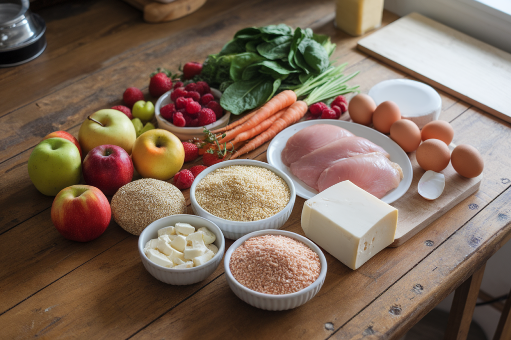 A flat lay of colorful, naturally gluten-free ingredients arranged on a wooden kitchen table.