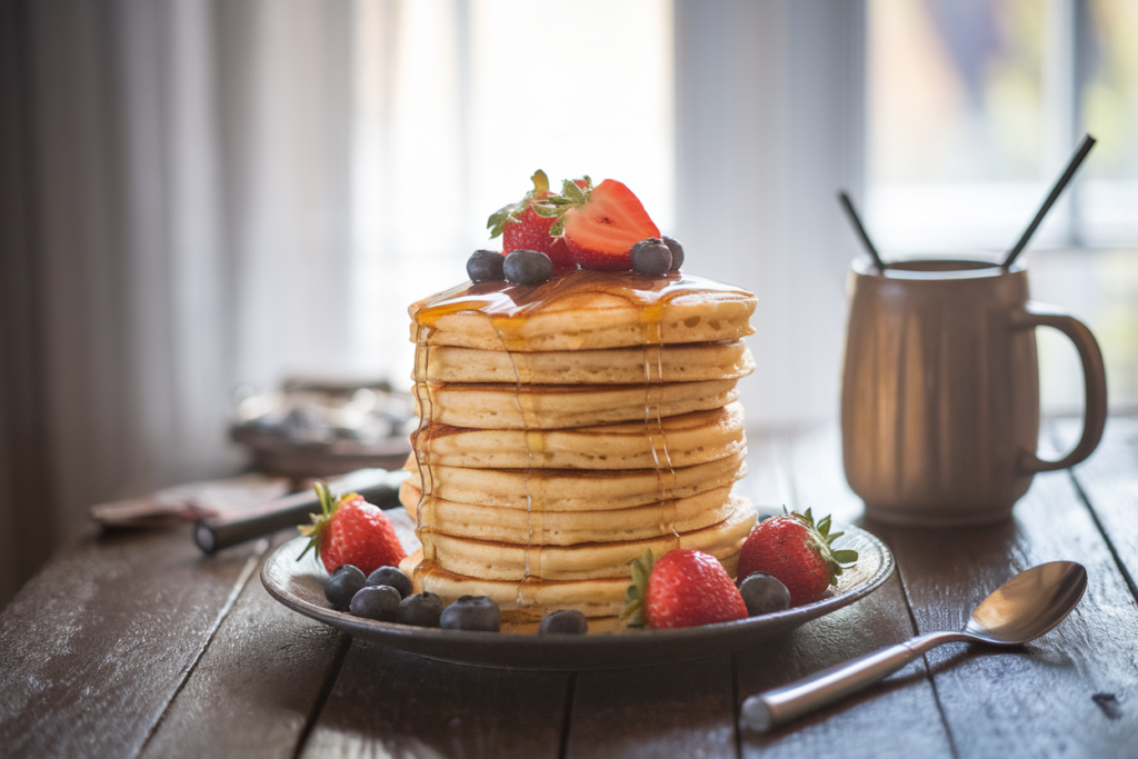 Fluffy pancakes topped with fresh berries and maple syrup on a rustic breakfast table