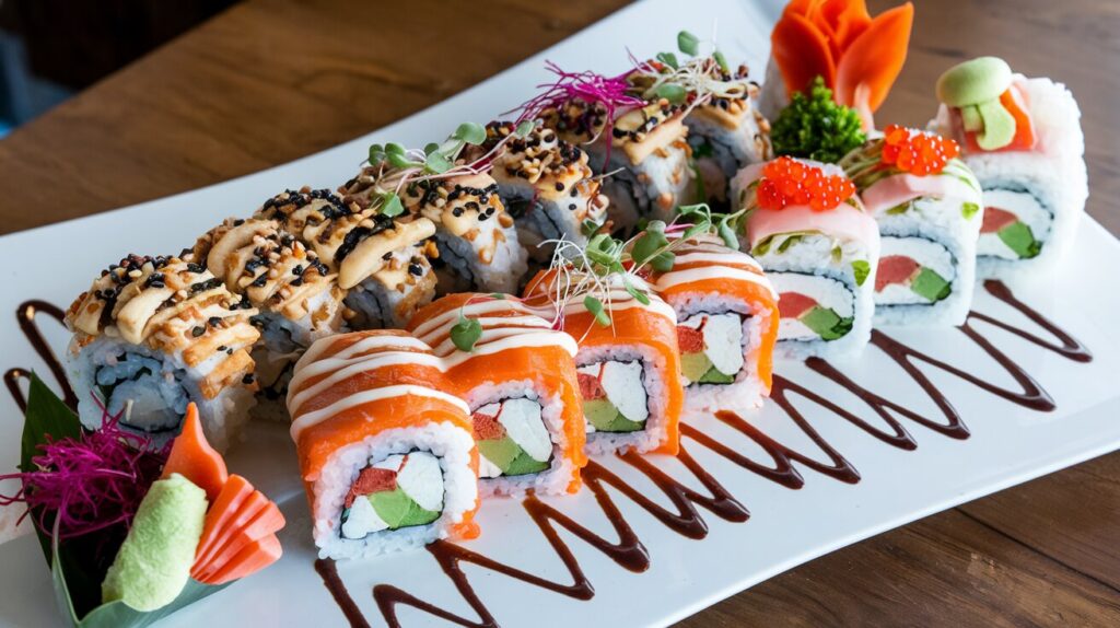 Platter of California roll variations featuring spicy mayo rolls, vegan rolls, and classic sushi rolls with decorative garnishes.
