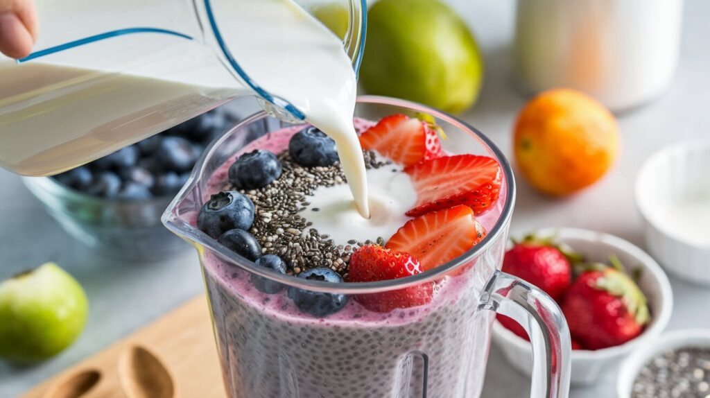 Preparing an IBS-friendly smoothie with almond milk, berries, and chia seeds for a nutritious breakfast.