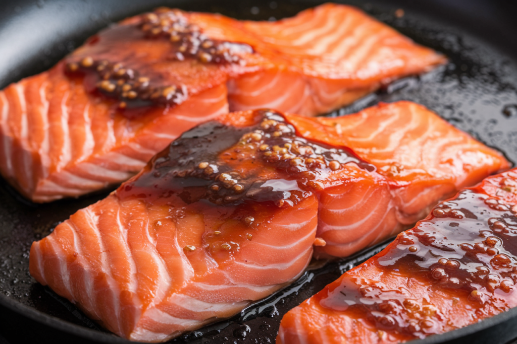 Salmon fillets cooking in a skillet, brushed with glossy teriyaki sauce.