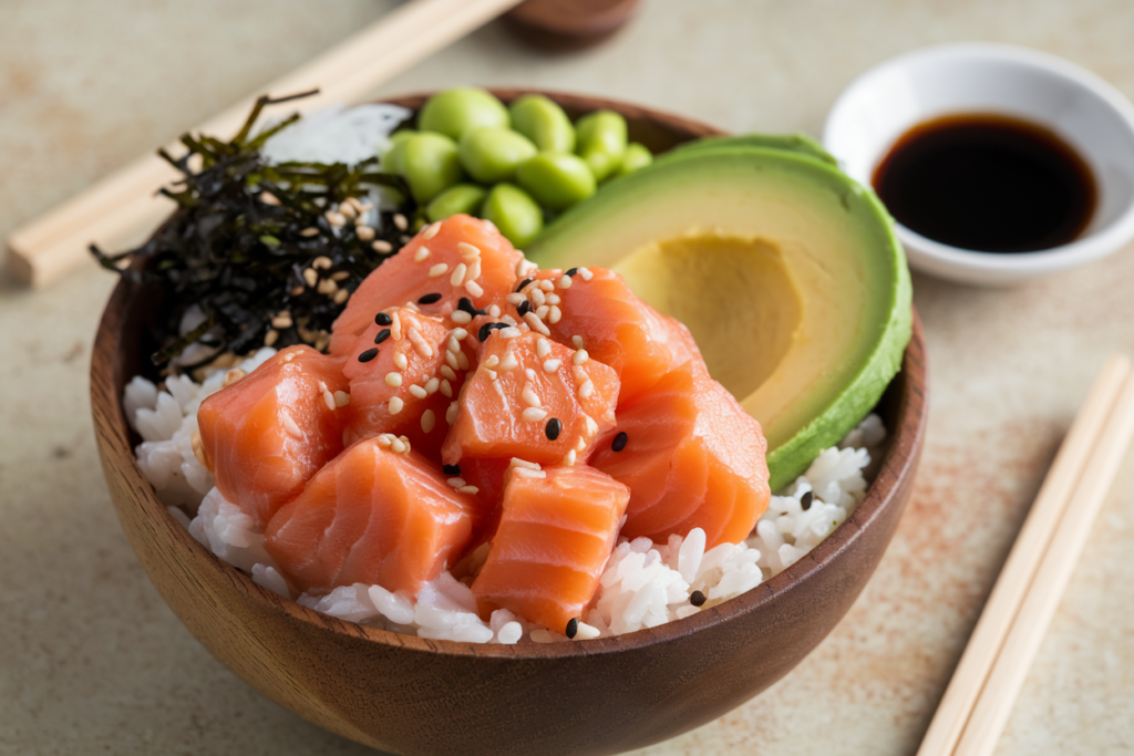 A high-resolution image of a salmon poke bowl arranged in a wooden bowl