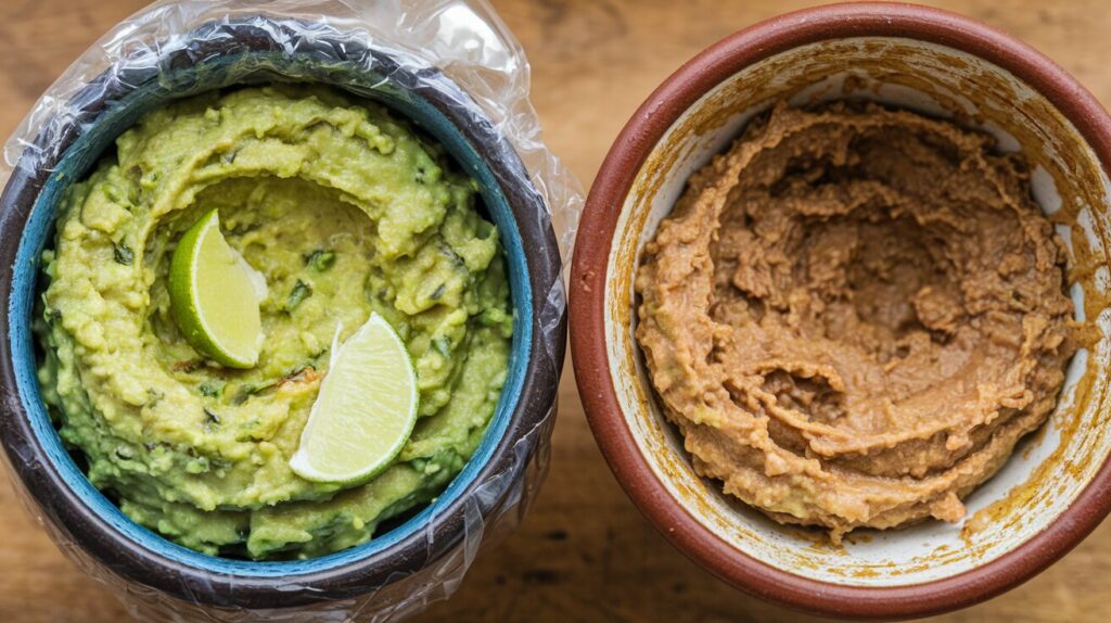 Side-by-side comparison of fresh green guacamole and oxidized brown guacamole to illustrate common mistakes.