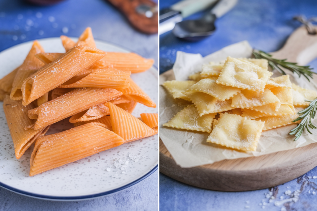 Side-by-side comparison of pasta chips made in an air fryer and oven.