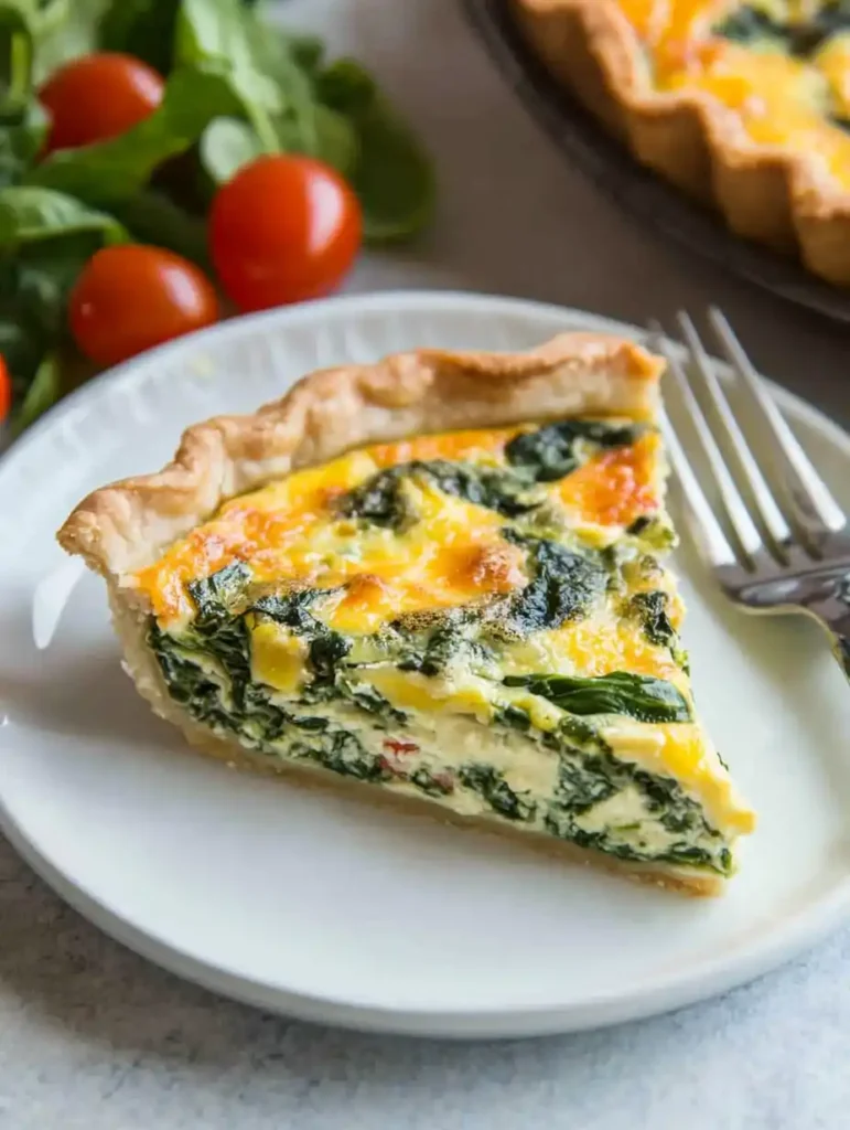 Slice Of Spinach And Cheese Quiche Lorraine Served On A White Plate