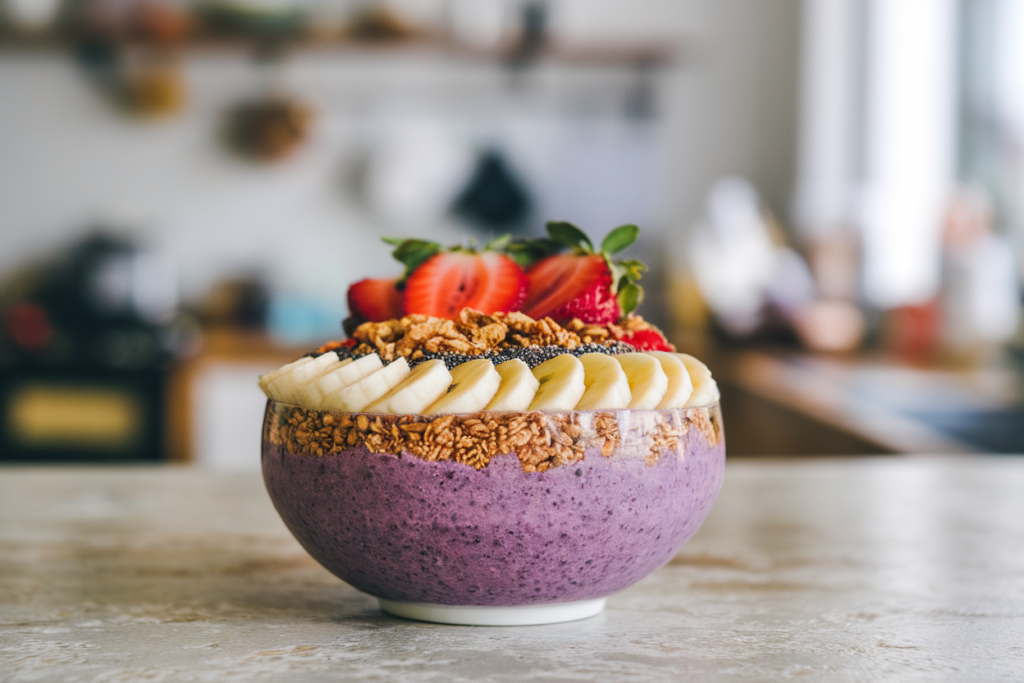 Colorful smoothie bowl topped with granola, sliced bananas, strawberries, and chia seeds