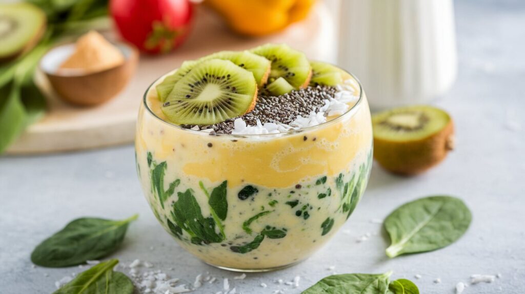 Smoothie bowl with kiwi, pineapple, and spinach, garnished with chia seeds and coconut.