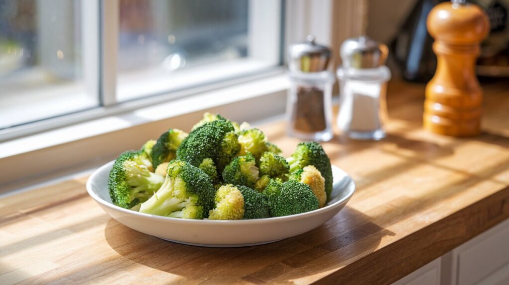 Steamed broccoli florets in a white bowl, perfect for a low FODMAP diet.