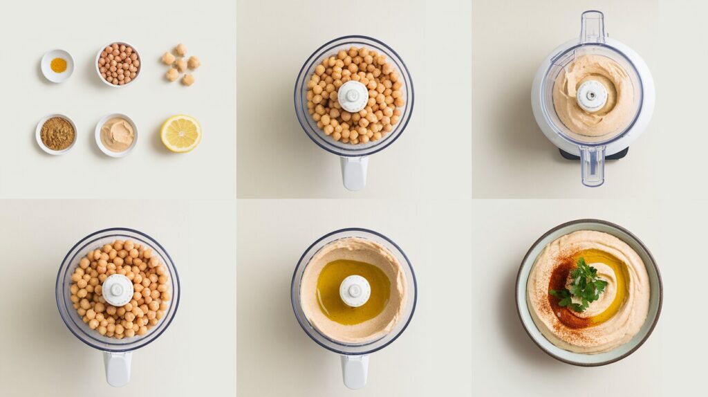 Step-by-step images of making gluten-free hummus, from blending chickpeas to serving a creamy hummus bowl with garnish.