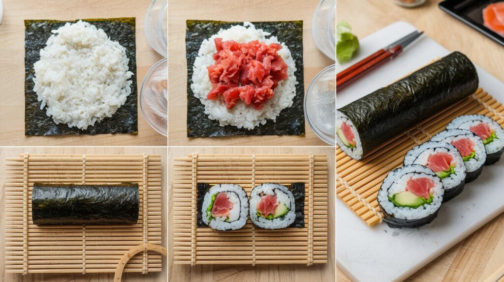 Step-by-step images of making spicy tuna rolls at home, from spreading rice on nori to rolling and slicing the sushi.