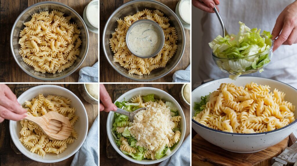 Step-by-step process of preparing Caesar Pasta Salad.
