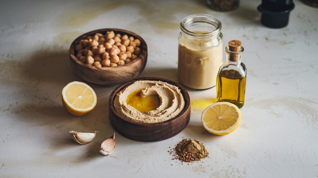 Traditional hummus ingredients including chickpeas, tahini, olive oil, garlic, lemon, and spices on a white countertop.