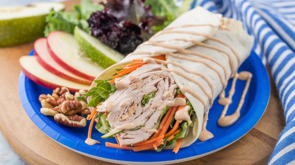 Turkey wrap with fresh sides for a healthy meal.