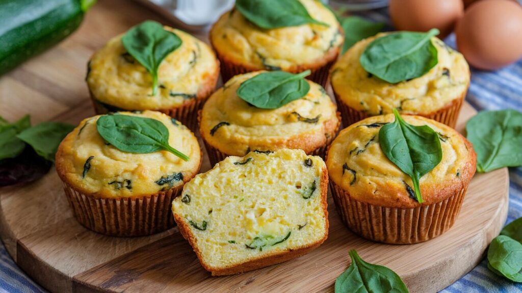 Zucchini and spinach egg muffins on a wooden cutting board with fresh spinach leaves.