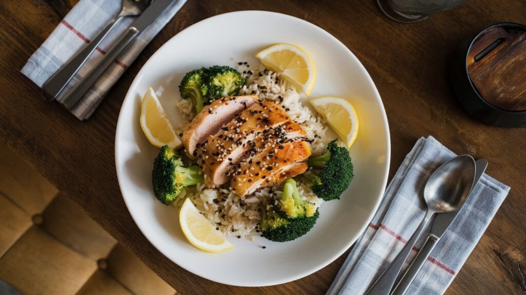 Plate of chicken, rice, and broccoli garnished with sesame seeds and lemon slices on a wooden table.