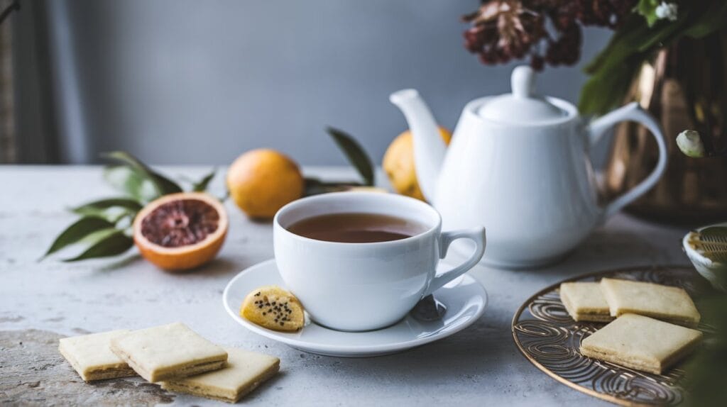 Elegant setup of Earl Grey tea with bergamot fruit and shortbread cookies on a rustic wooden table.