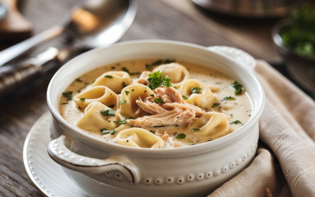 Steaming bowl of creamy chicken tortellini soup with parsley garnish.