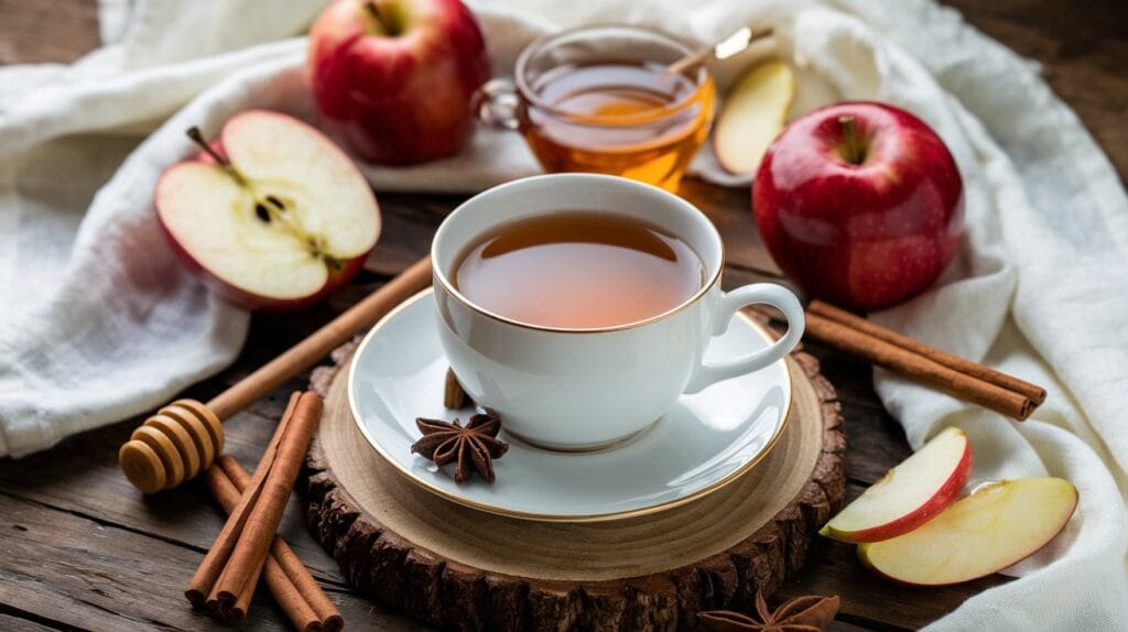 A steaming cup of apple cinnamon tea with apple slices and cinnamon sticks on a rustic wooden table.