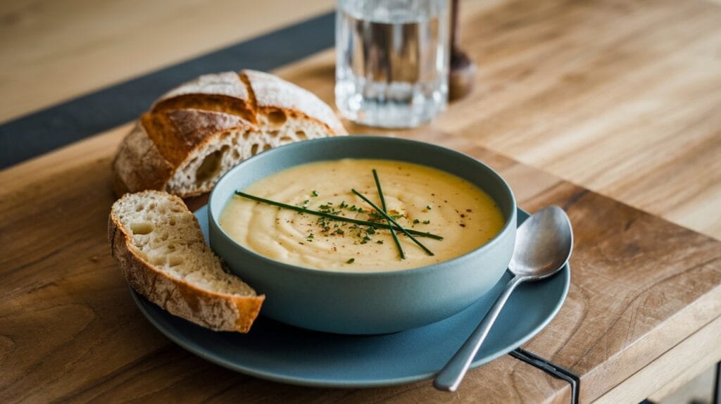 Creamy 4 ingredient potato soup garnished with chives, served with crusty bread on a wooden table.