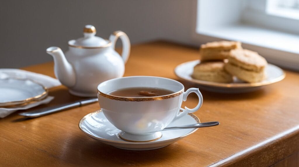 A cup of English Breakfast tea with a teapot and scones on a wooden table in morning light.