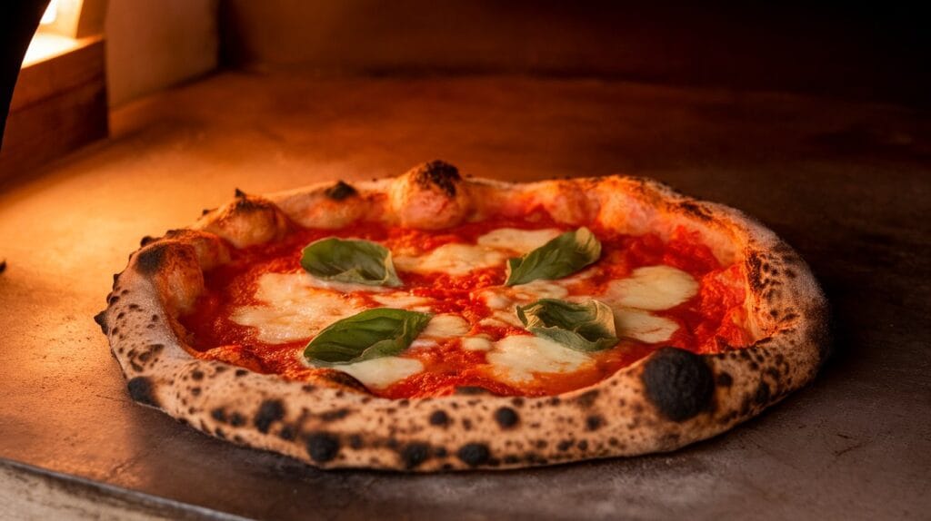 Freshly baked Neapolitan pizza with a charred crust, melted mozzarella, and fresh basil in a rustic Italian kitchen.