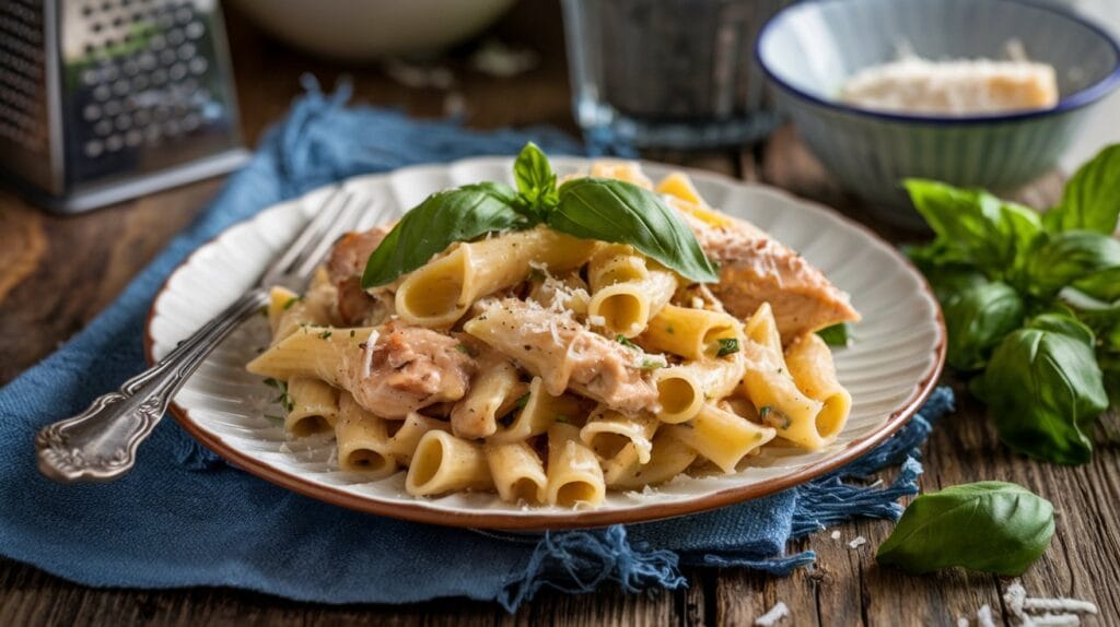 : Plate of Marry Me Chicken Pasta garnished with basil and Parmesan cheese.